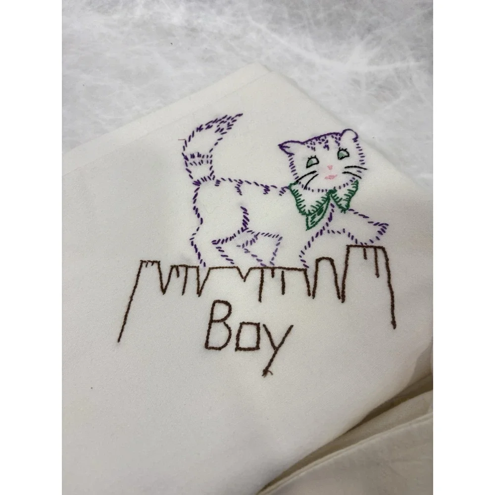 Lot of 2 Vintage Hand Embroidered‎ Linens – Cats Animals Nursery Decor – 34